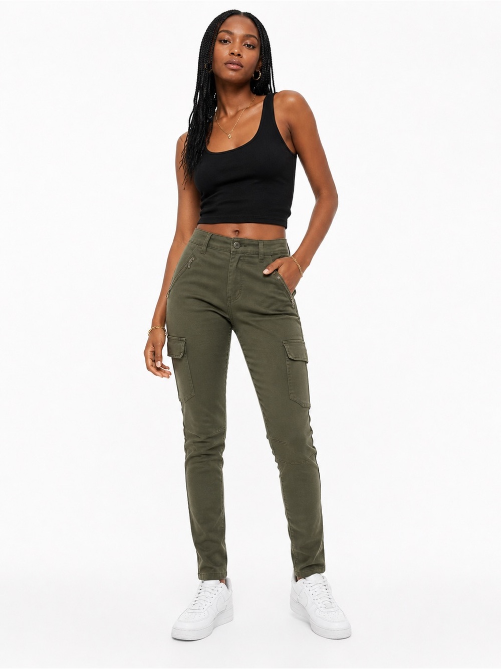 Suzy Shier Olive Green Cargo Pants Women Small Skinny Stretch Zip Pocket